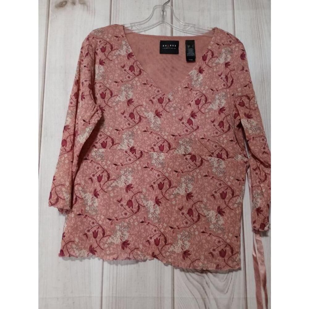 AXCESS Shirt Ladies Pink Floral Long Sleeve Light Weight Y2K